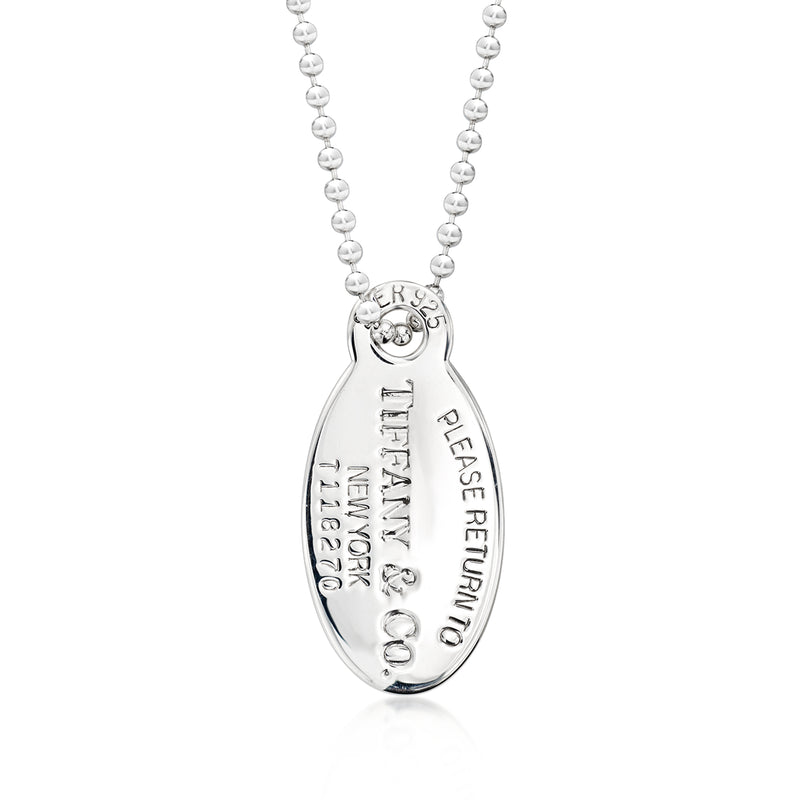Sterling silver oval tag pendant necklace with beaded chain and engraved text