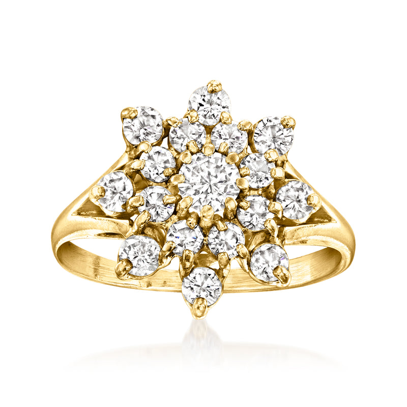 14kt yellow gold diamond snowflake ring with round white stone clusters