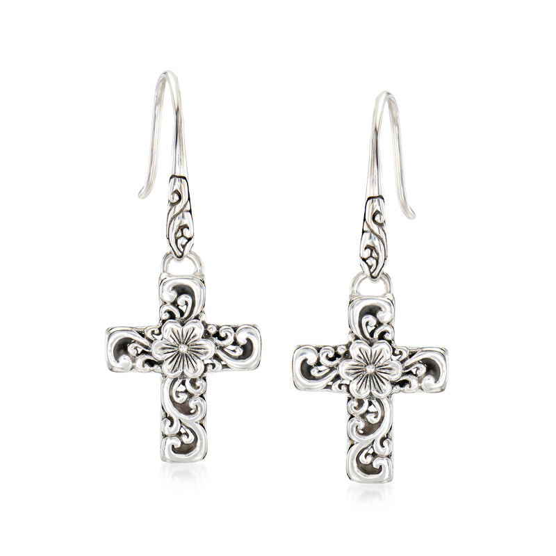 Sterling silver filigree cross drop earrings with floral center and earwire hooks