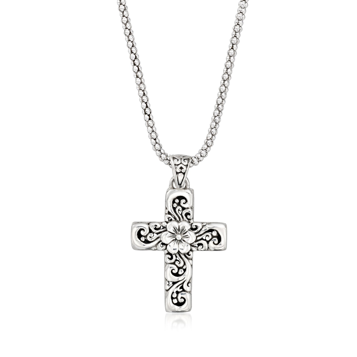 Sterling Silver Bali-Style Floral Cross Pendant Necklace