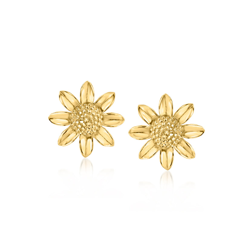 10kt yellow gold floral stud earrings with layered petals and textured center