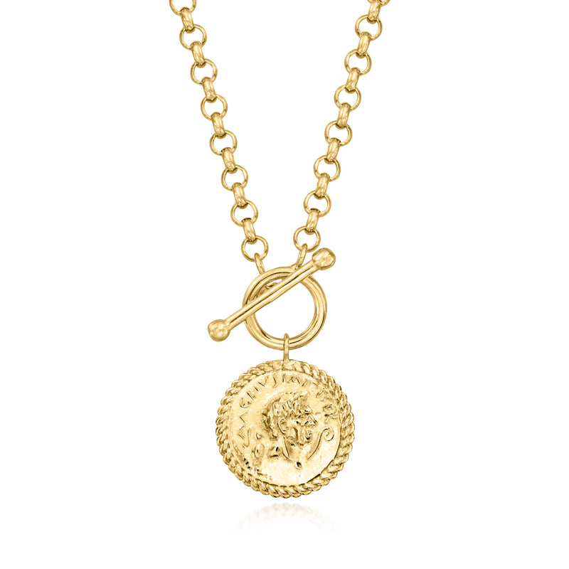 Gold coin pendant necklace with round toggle clasp and textured coin charm