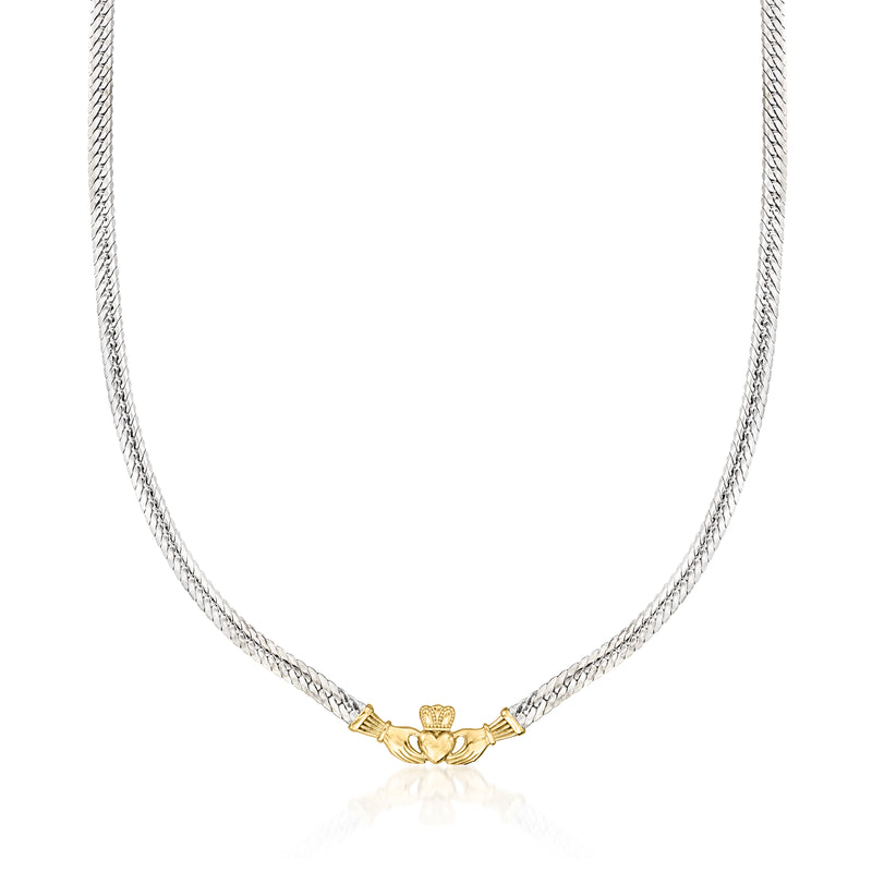 Sterling silver chain necklace with gold claddagh heart and crown charm