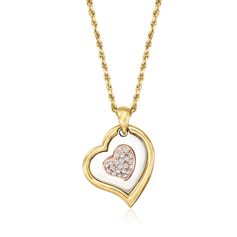 Heart diamond pendant necklace, 14kt tri-colored gold with white enamel accents