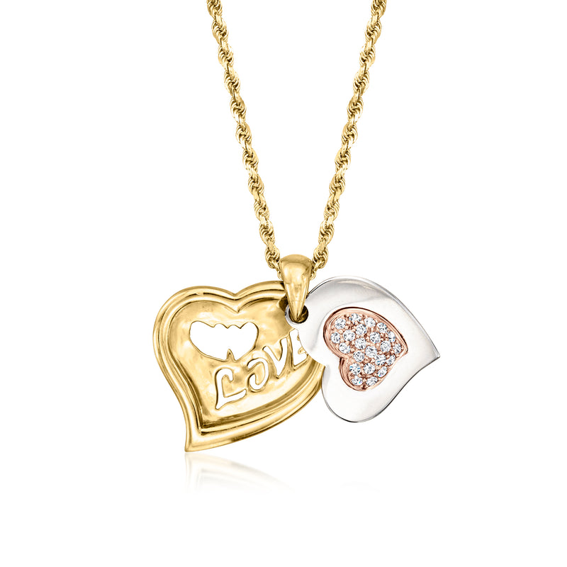 Heart diamond pendant necklace, tri-colored gold with white enamel inner heart detail