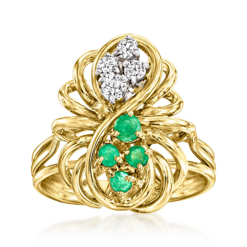 18k yellow gold ring with emerald and diamond cluster, ornate twisted band