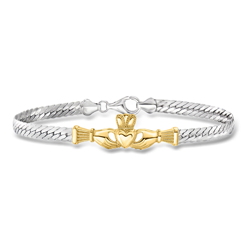 Sterling silver Cuban-link bracelet with gold claddagh centerpiece and lobster clasp