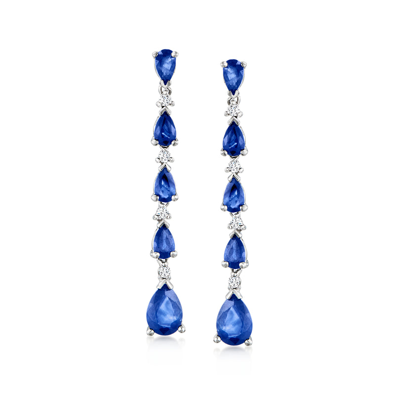 White gold sapphire and diamond drop earrings with five blue teardrop stones
