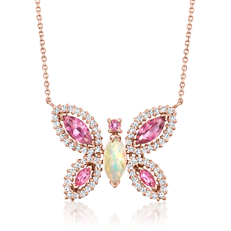 Rose gold butterfly necklace with pink gemstones, opal center, and diamond accents
