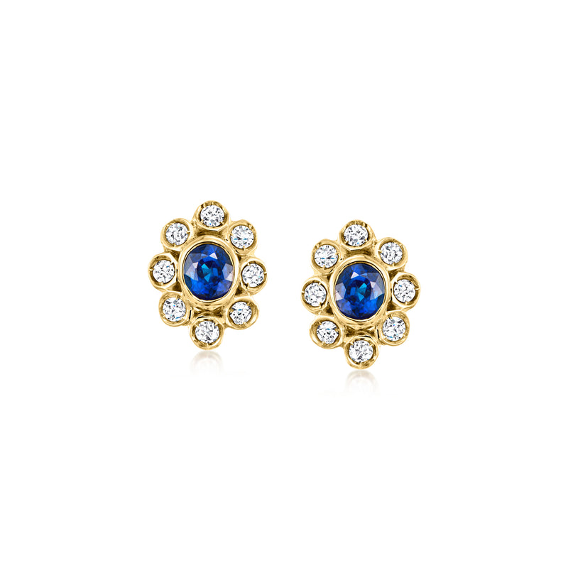 18kt yellow gold sapphire and diamond stud earrings, blue center stones with round halos