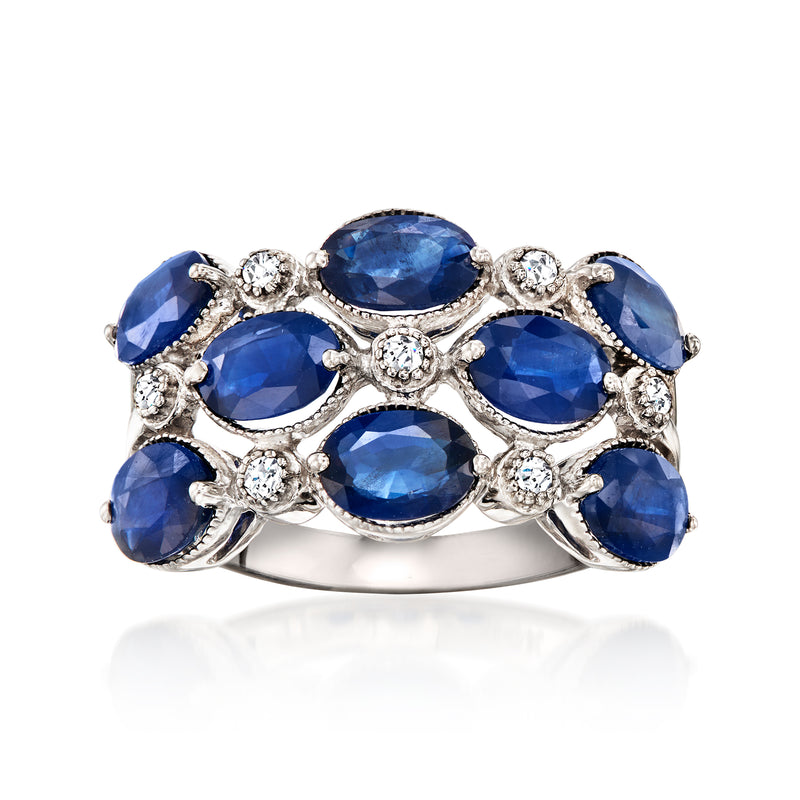 Vintage three-row sapphire and diamond ring in white gold with oval blue stones