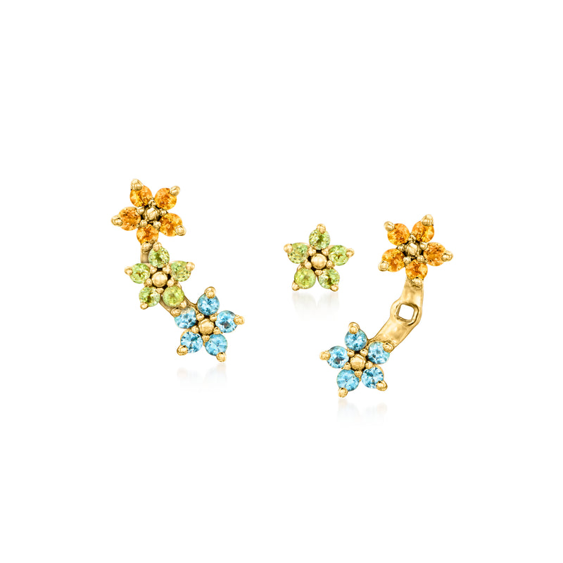 Multi-gem floral stud and ear climber earrings, 18kt gold over sterling