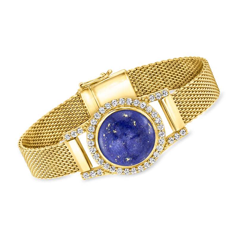 18kt gold mesh bracelet with round blue gemstone center and white crystal accents