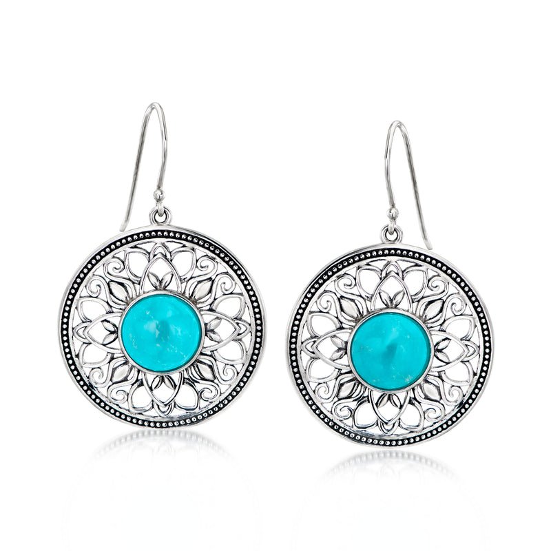 Sterling silver filigree drop earrings with turquoise round center, on earwire