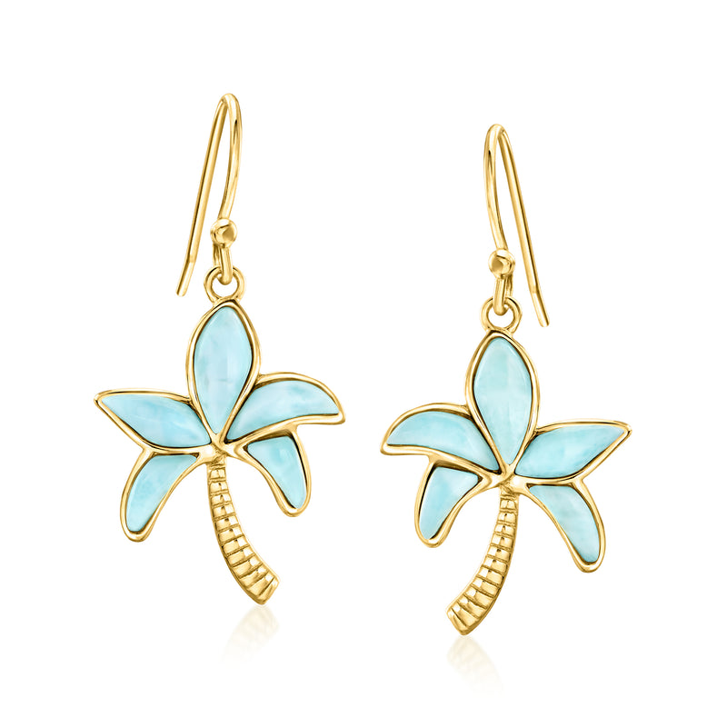 Larimar palm tree drop earrings with turquoise stone accents, gold over sterling earwire