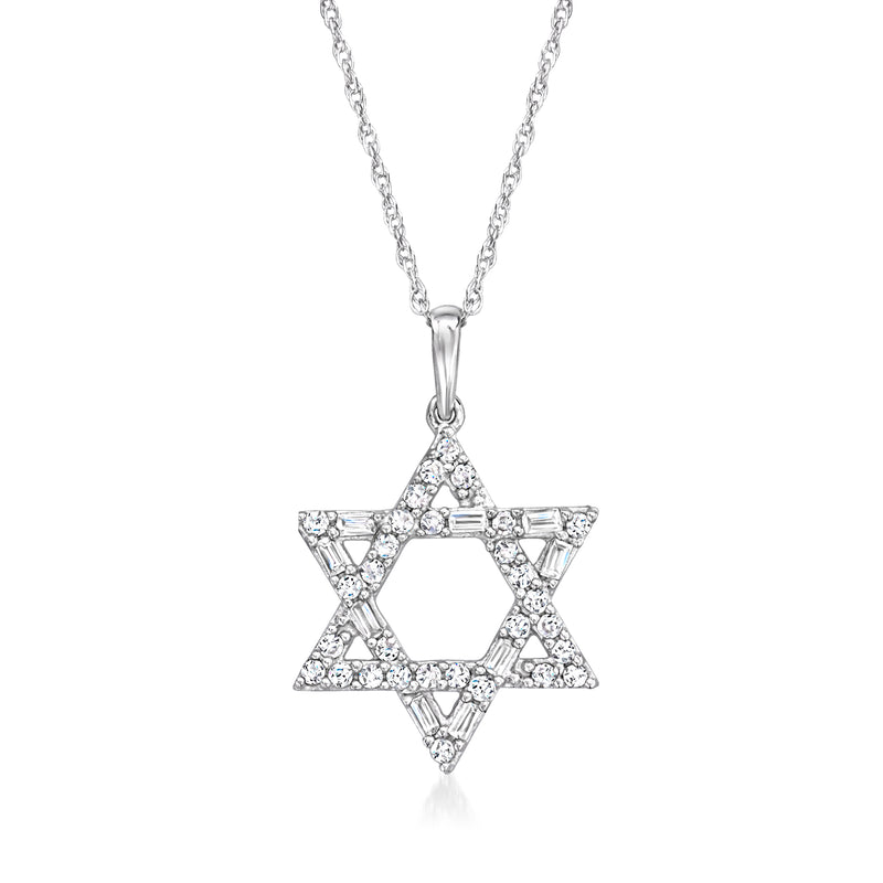 Diamond Star of David pendant necklace in 14kt white gold with baguette and round stones