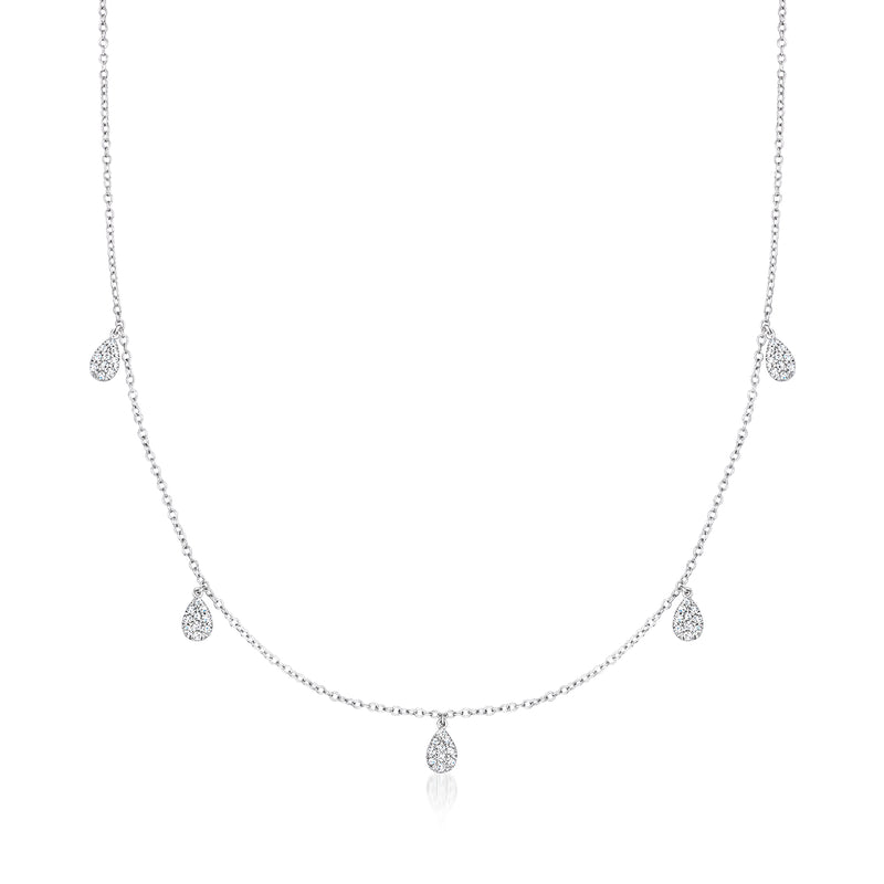 Sterling silver diamond teardrop station necklace with three dangling teardrop charms