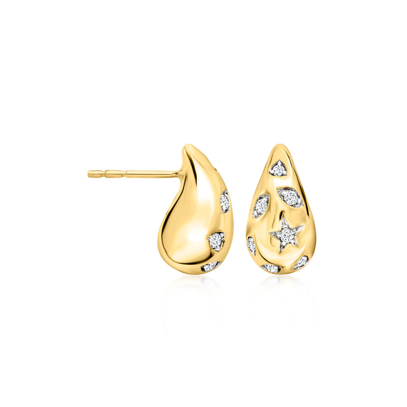 14kt yellow gold diamond star puffy teardrop drop earrings