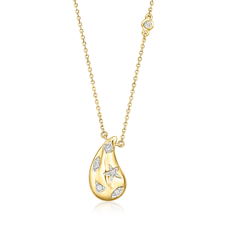 14kt yellow gold teardrop pendant necklace with star puffy diamond accents