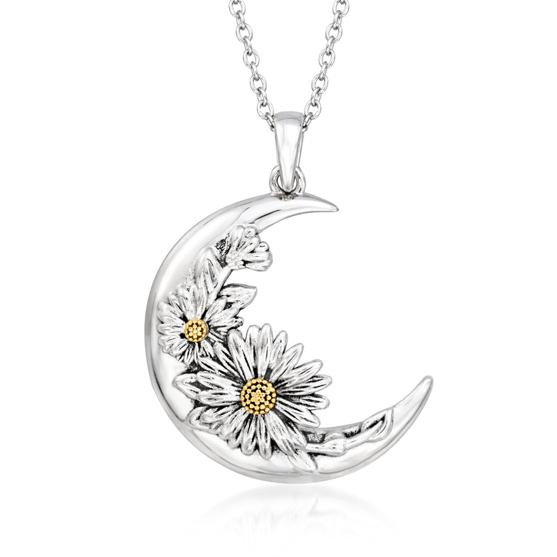 Sterling silver moon pendant necklace with floral dangles and yellow-gold centers