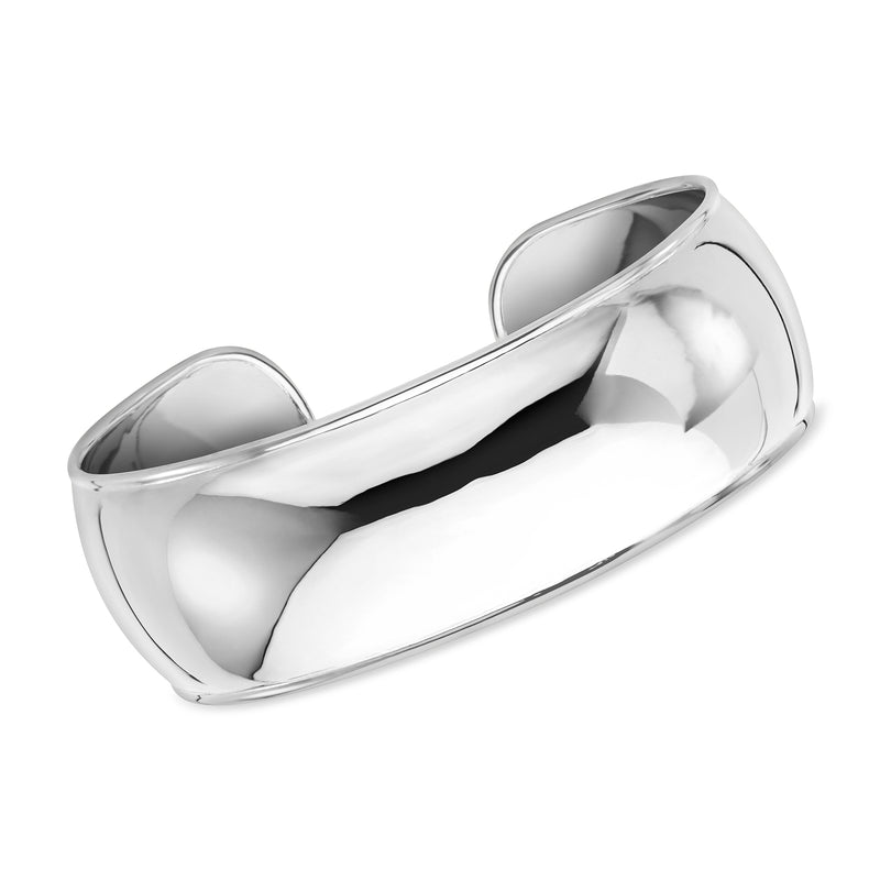 Wide sterling silver cuff bracelet with polished smooth oval profile