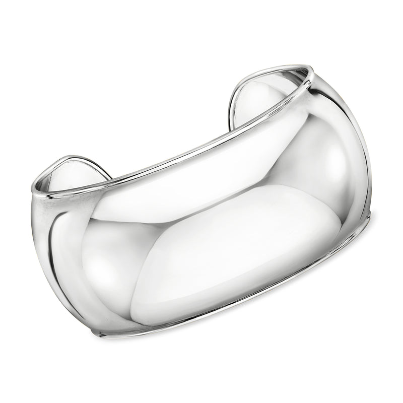 Polished wide sterling silver cuff bracelet with smooth curved ends