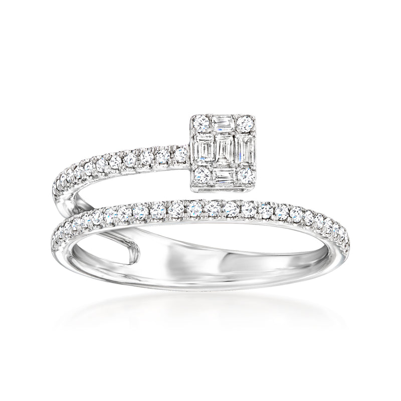 14kt white gold bypass ring with square diamond cluster and sparkling pave stones