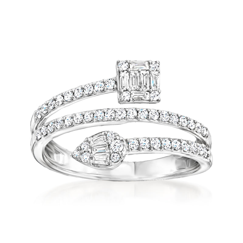 14kt white gold geometric bypass diamond ring with baguette-style center