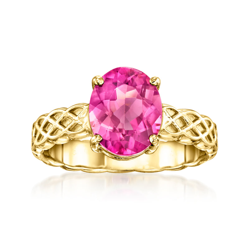 Vintage 14kt yellow gold ring with oval pink tourmaline and Celtic-style settings