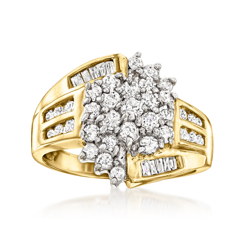 Yellow gold diamond cluster ring with round and baguette stones, prong set