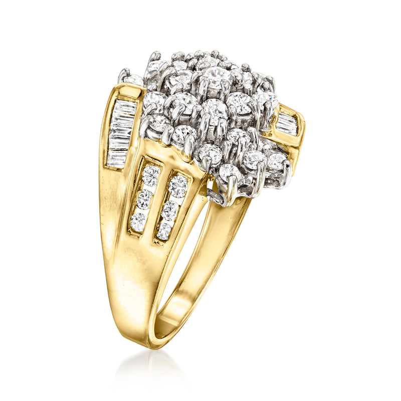 Yellow gold diamond cluster ring with baguette and round stones, side view