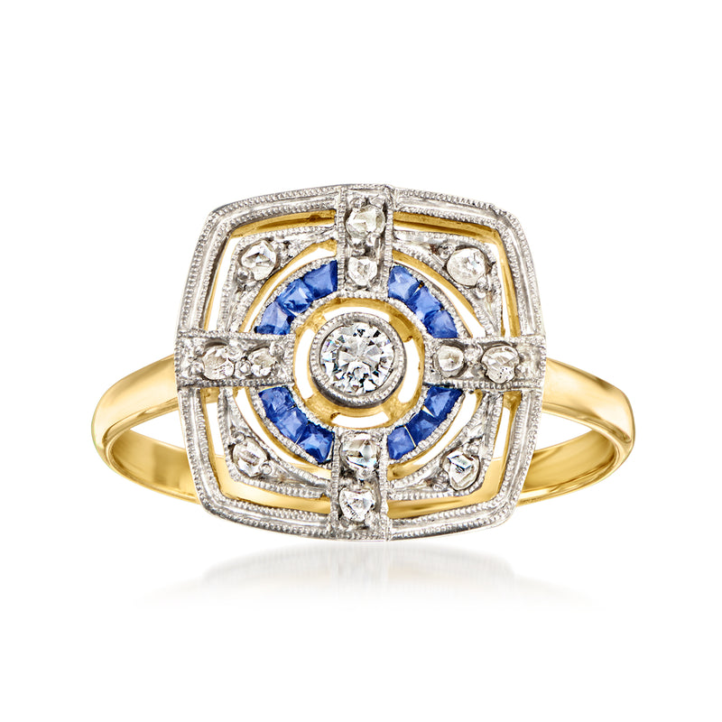 Vintage diamond and sapphire ring with blue stones; platinum setting, yellow gold band