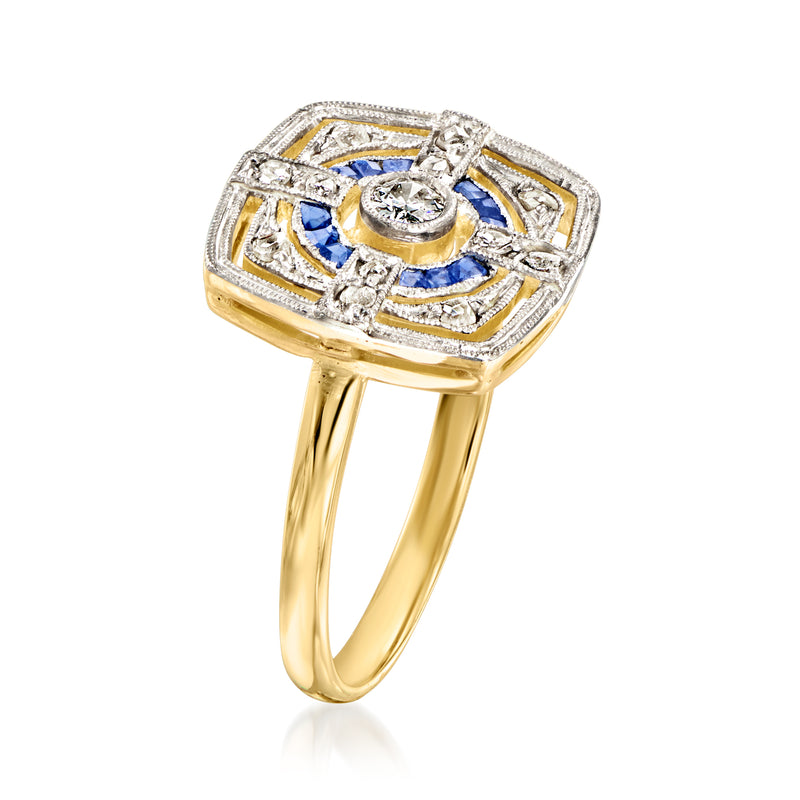 Vintage square halo ring with blue sapphire accents, diamonds, platinum top, yellow gold shank