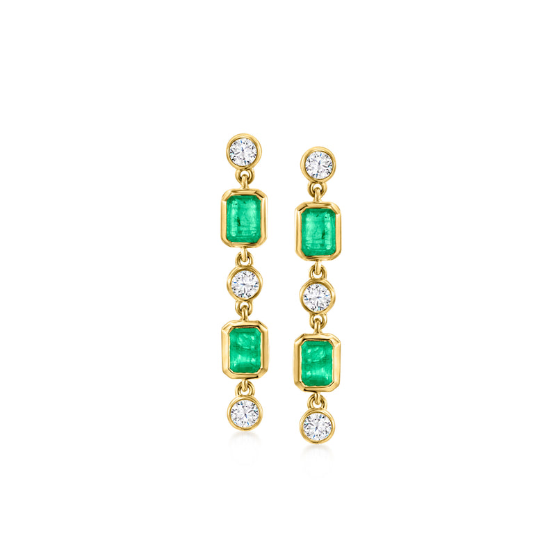 14kt yellow gold linear drop earrings with green emerald rectangular stones and round diamonds