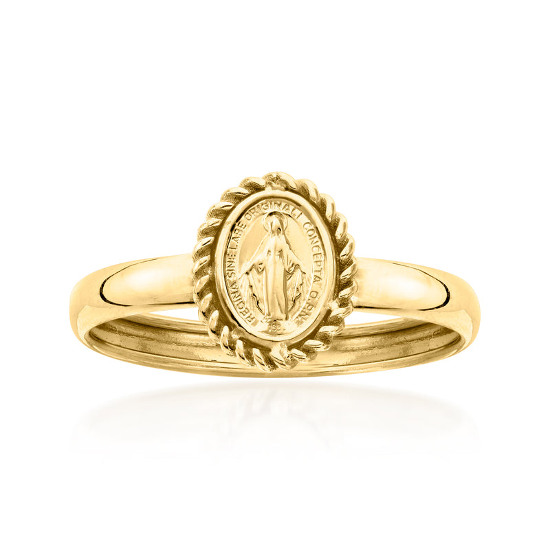 14kt yellow gold ring with oval Miraculous Mary medal bezel and scalloped border