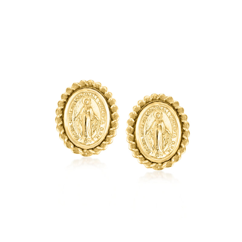 14kt yellow gold miraculous medal stud earrings, roped oval bezel