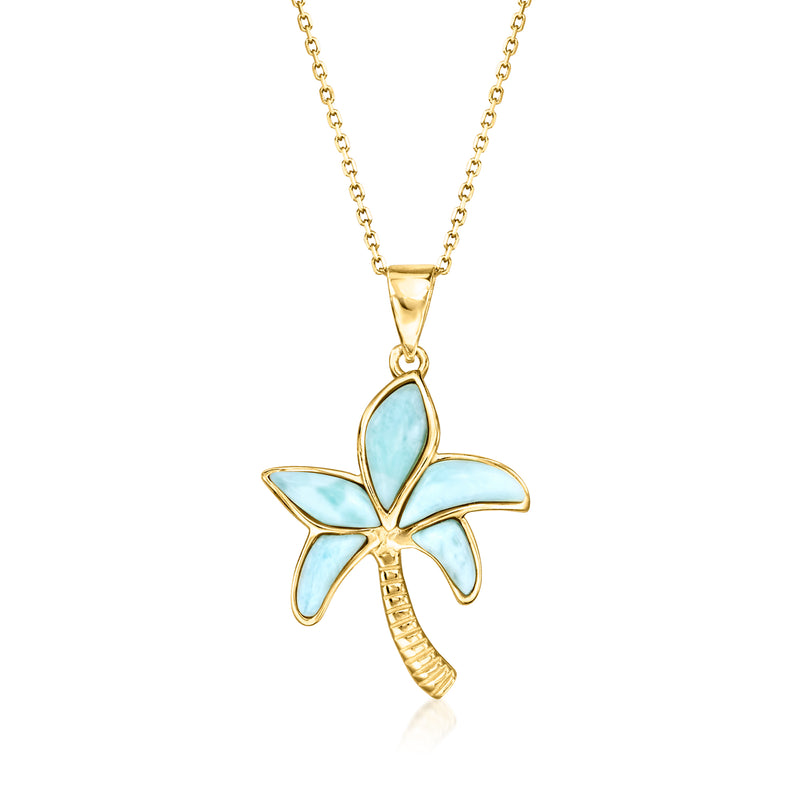 Gold-over-sterling palm tree pendant necklace with blue Larimar stone