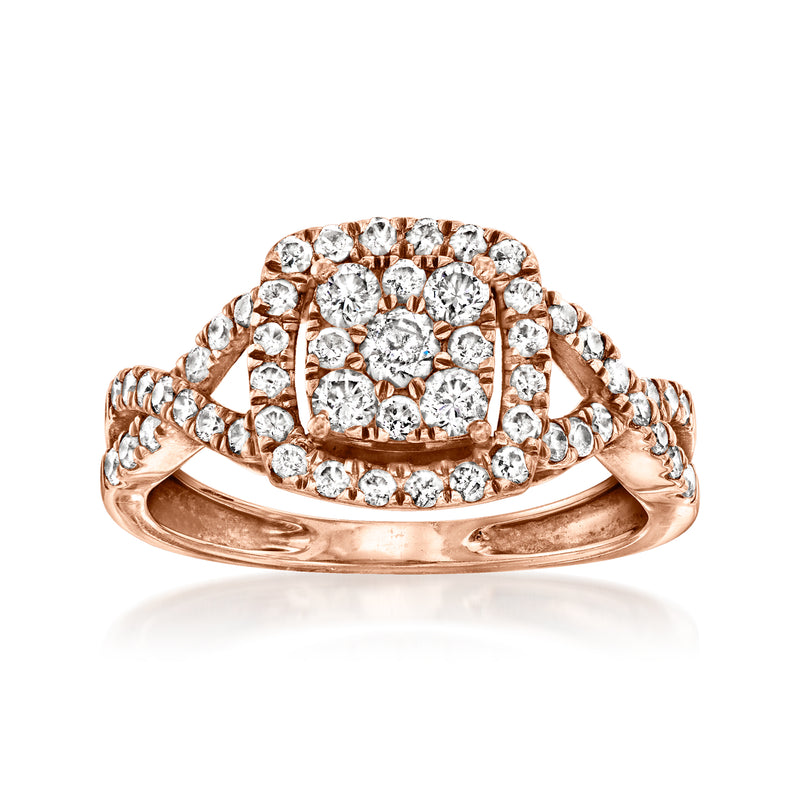 Rose gold diamond cluster ring with round-stone halo, 10kt setting