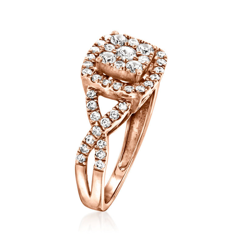 Rose gold diamond cluster ring with round-stone halo and openwork shank