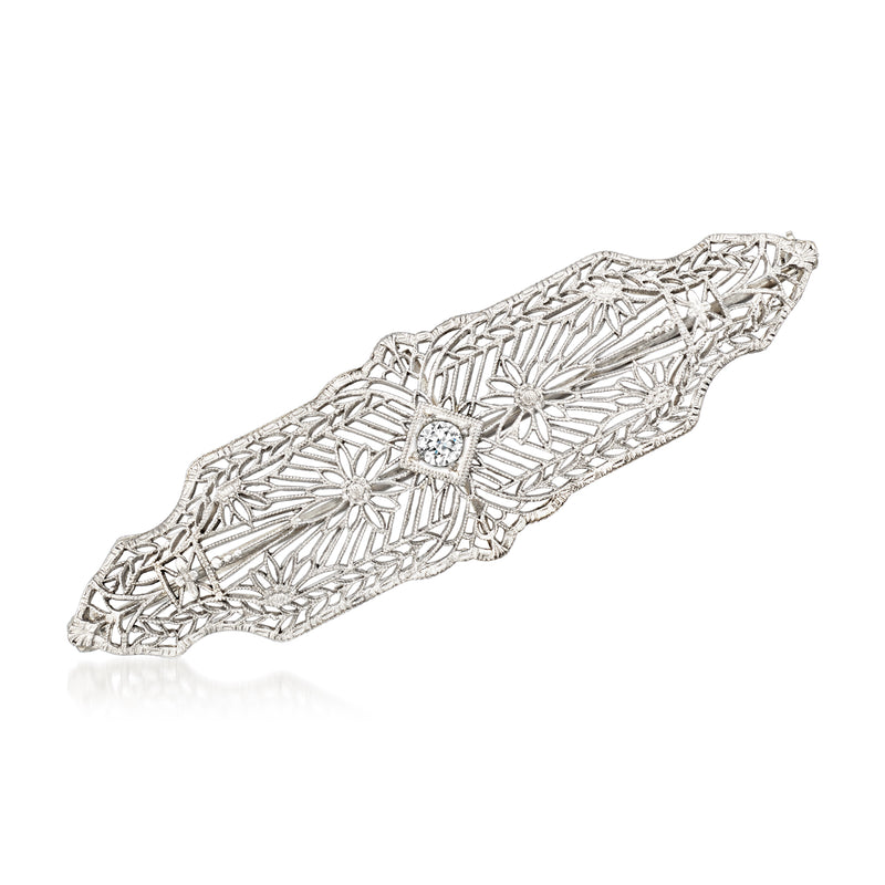 Vintage white gold diamond floral filigree bar pin with central square stone