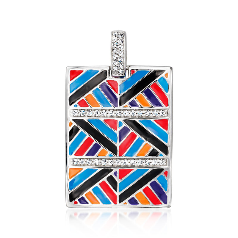 Sterling silver square pendant with multicolored enamel geometric pattern and CZ bail