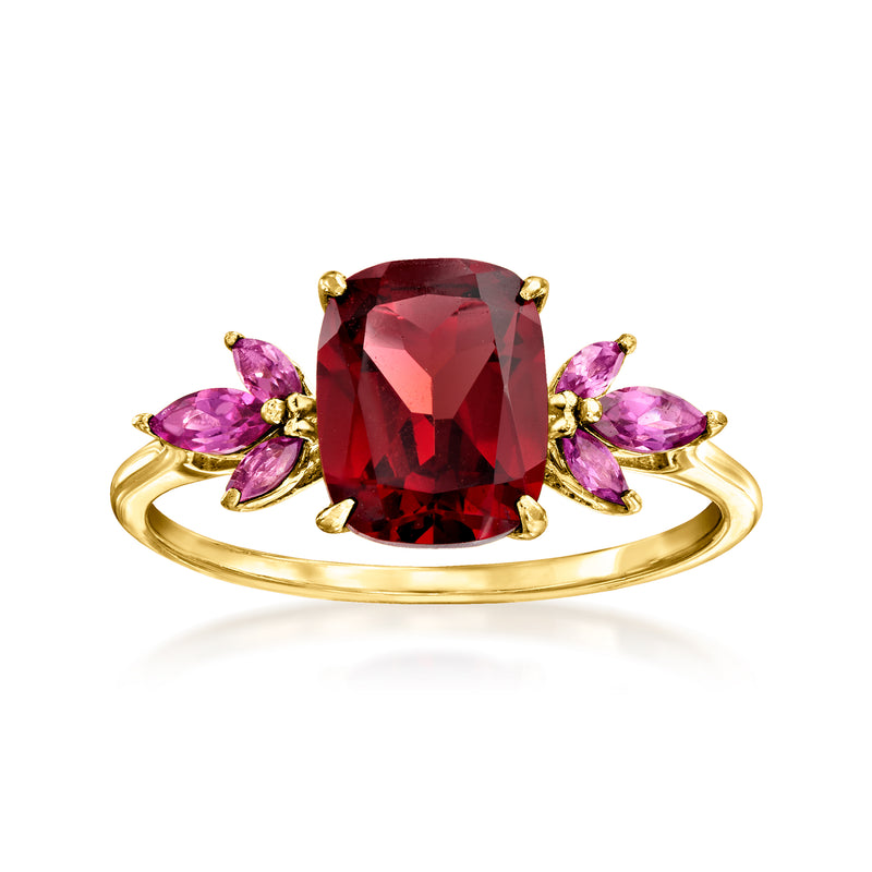 14k yellow gold garnet ring with large red gemstone and pink side stones