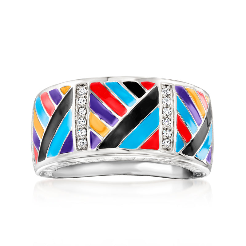 Sterling silver ring with multicolored enamel chevrons and small clear CZ stones