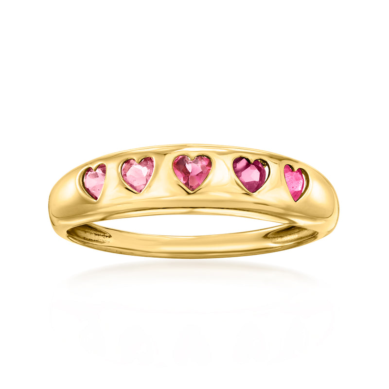 14kt yellow gold heart-stone ring with five pink heart gemstones