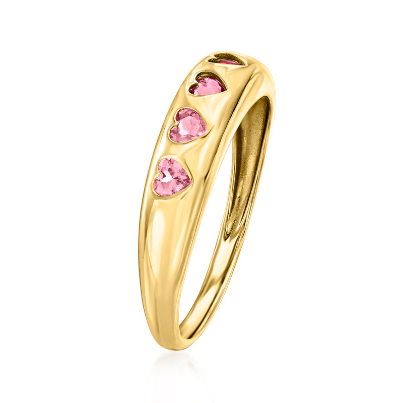 14kt yellow gold heart-stone ring, side view with five pink heart gemstones