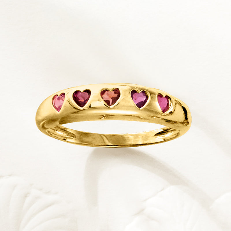 14kt yellow gold heart-stone ring with five pink heart gemstones on band