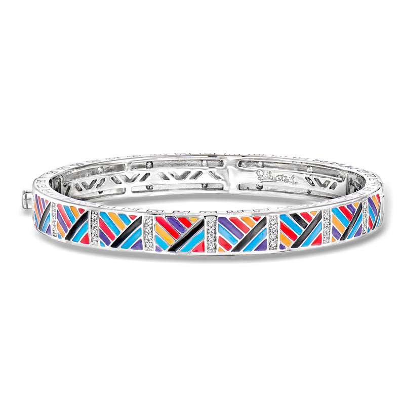 Sterling silver bangle bracelet with multicolored enamel stripes and clear CZ accents