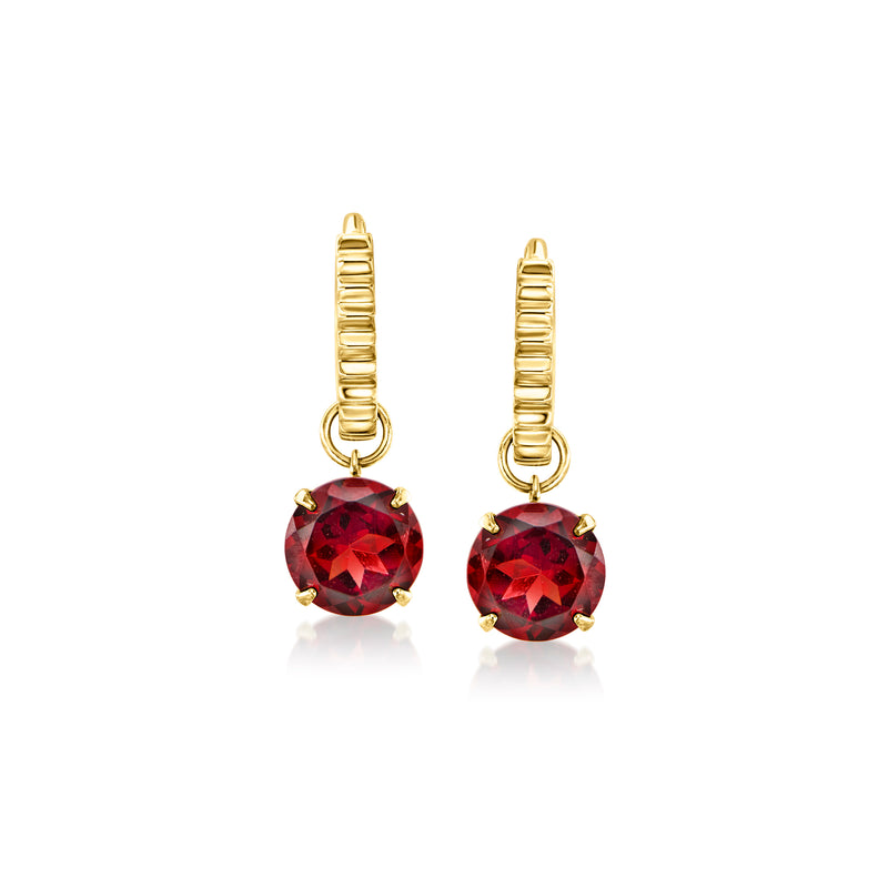 Yellow gold garnet hoop drop earrings with round red gemstone dangle