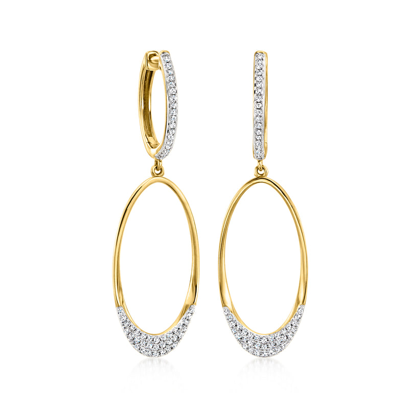 Oval-shaped hoop drop earrings in 14kt yellow gold with diamond accents