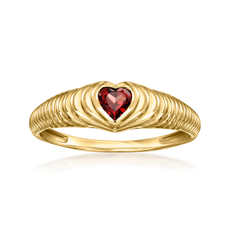 14kt yellow gold heart garnet ring with ribbed band and red heart gemstone